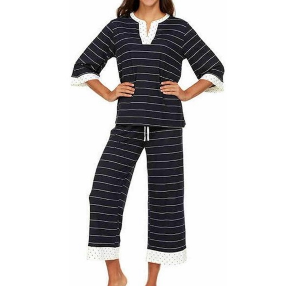 Flora Nikrooz Striped Polka Dot Pajama Set Crop Top Pants